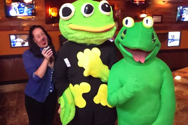 Image similar to taking a selfie with a frog fleshy mascot costume at an applebee's, cell phone photo
