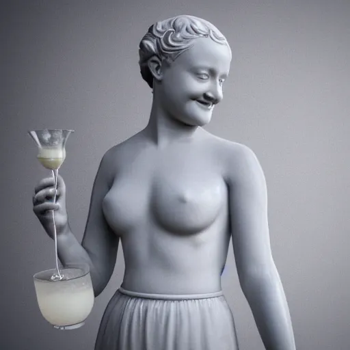 Image similar to a smiling model of a white marble human statue with clothes holding a coctail, digital illustration, in the style of skeeva, 3 d render, above the waist