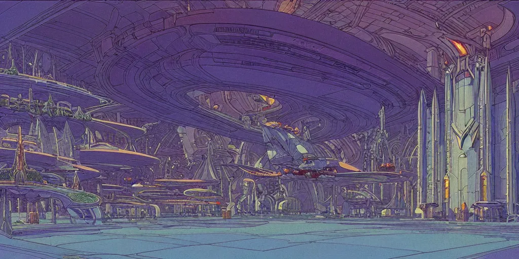Prompt: cel shaded cinematic shot of the interior of a sci-fi space station with ornate Elven architecture bustling with various intelligent alien species, epic castle, emerald, crystalline, detailed illustration, sharp focus, crisp lines, art by Moebius, Jean Giraud Moebius comic illustration