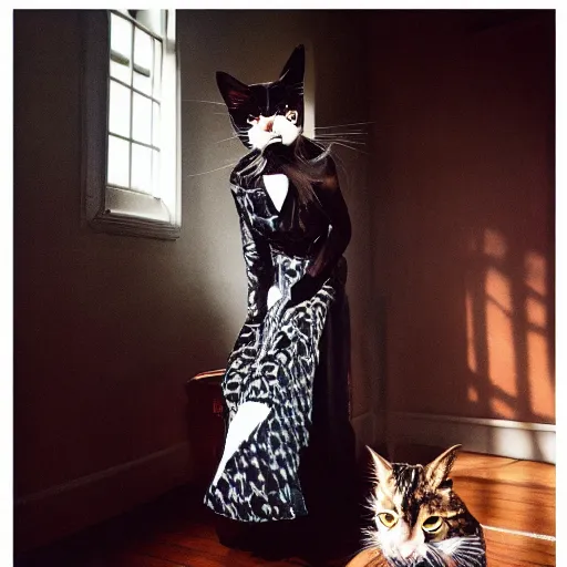 Image similar to Fashion photography of a woman wearing an outfit inspired cats, artistic photography, cinematic lighting, insanely detailed, chiaroscuro, cinestill 800t, Vogue magazine