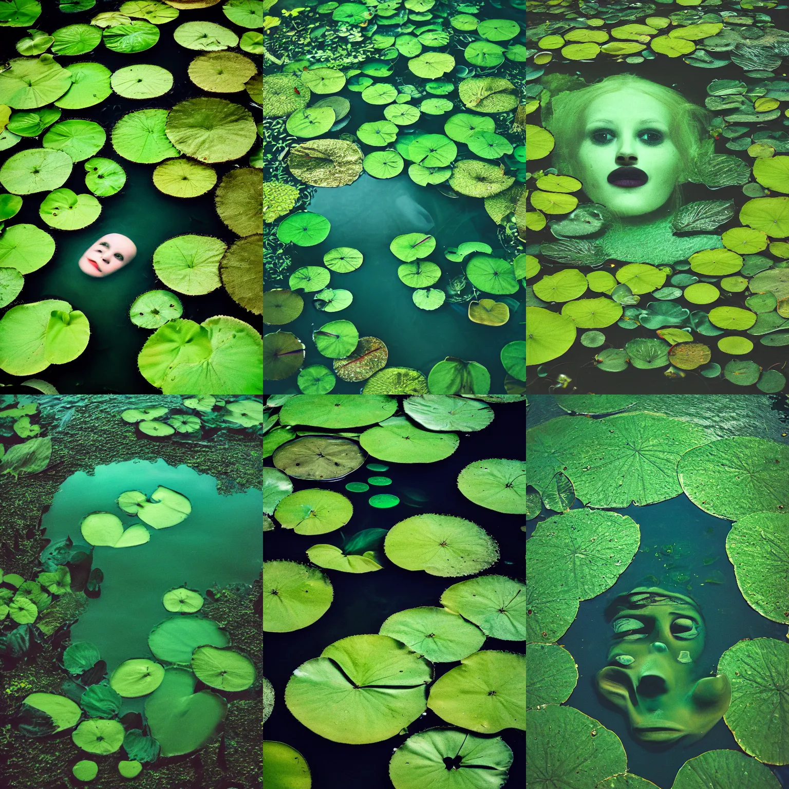 Prompt: grainy film photo of a creepy face under the surface of shallow water, surrounded by lilypads, green color palette, Portra 400, high quality, 4k