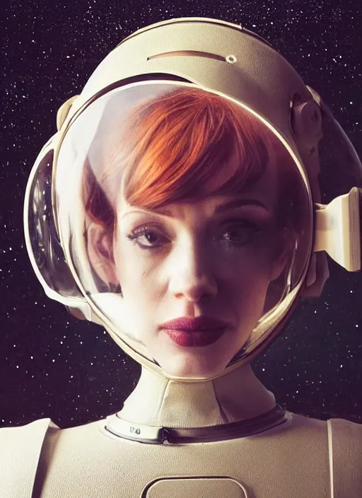 Prompt: upper body photograph portrait of a very pretty!!! christina hendricks in starfield, symmetric face, petzval lens. out of focus, in an astronaut costume. futuristic helmet with neck protection, space station. by alesio albi and george lucas and stanley kubrick