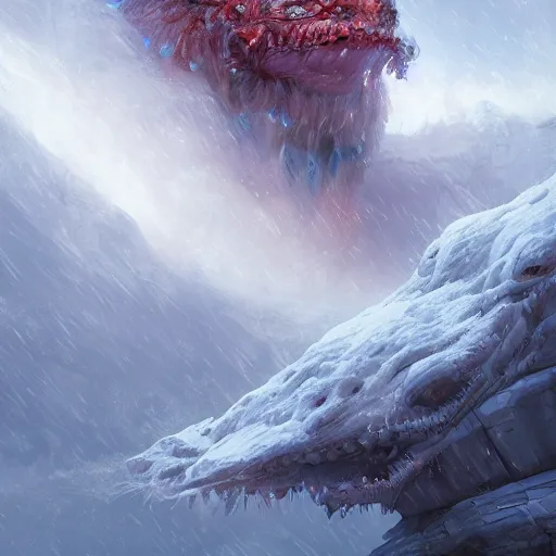 Image similar to A monster in the Arctic covered in snow, fractal Lighting, by Stanley Artgerm Lau, WLOP, Rossdraws, James Jean, Andrei Riabovitchev, Marc Simonetti, and Sakimichan, trending on artstation