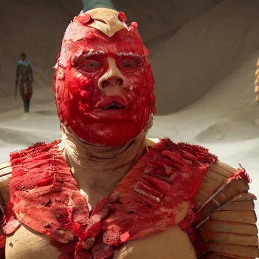 Image similar to a male humanoid giant has skin that looks like red and white hard candy, the giant is wearing a peppermint armor and his back has wings made of mint leaves, the giant has a christmas present in his hand, cinematic dune movie still