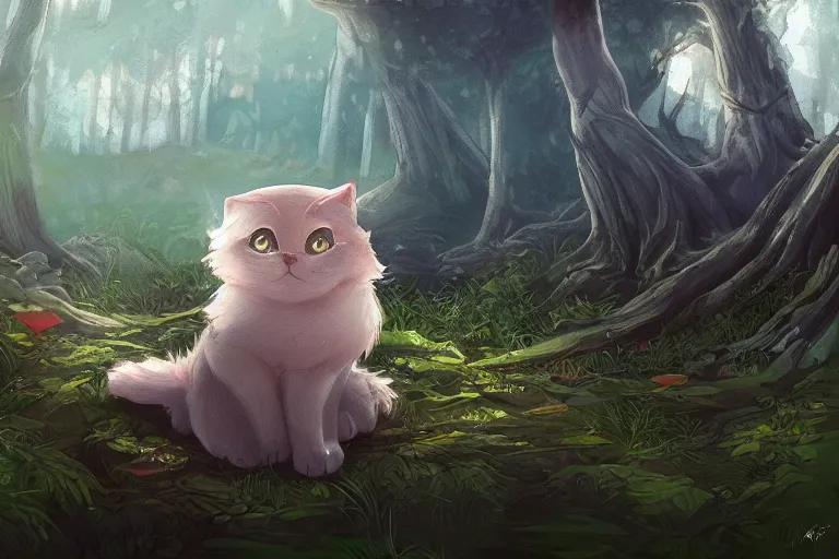 Image similar to cat in the forest, warm backlighting, digital art, trending on artstation, fanart, by kawacy