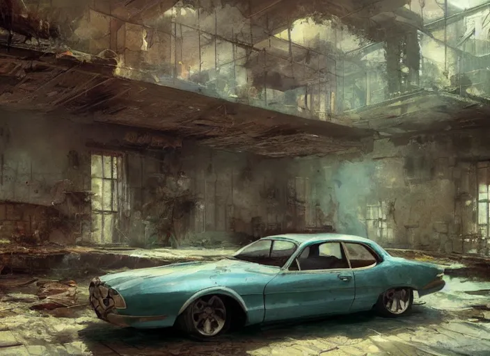 Image similar to an old retro car in a ruined penthouse, painting by craig mullins, octane rendering, soft morning lighting, wide angle lens, in the style of hayao miyazaki, trending on artstation,