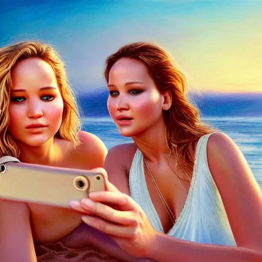 Image similar to beautiful serene intricate portrait of jennifer lawrence and jennifer lawrence taking a selfie, relaxing on the beach, golden hour, soft focus, 8 k, art by irakli nadar, hyperrealism, hyperdetailed, ultra realistic