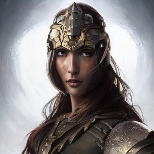 Image similar to a portrait of an attractive young woman, clothed in battle armor, olive skin, long dark hair, beautiful bone structure, symmetrical facial features, intricate, elegant, highly detailed, digital painting, trending on Artstation, concept art, smooth, sharp focus, illustration, in the style of artgerm and greg rutkowski and alphonse mucha