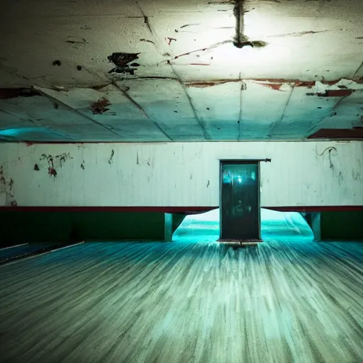 Image similar to abandoned haunted bowling alley with neon lights