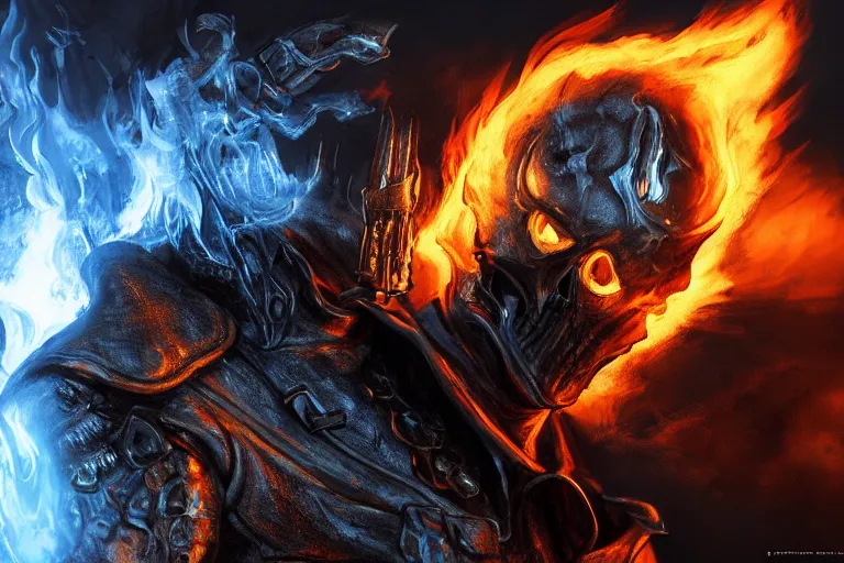 Prompt: Ghost Rider, blue flames, headshot photo, dark souls concept art, dramatic lighting, highly stylized, high-quality wallpaper, desktopography