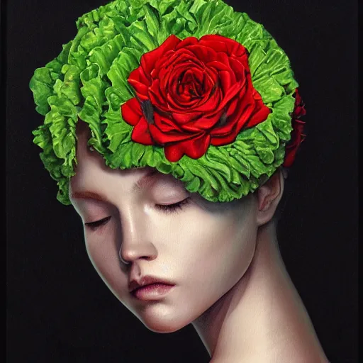 Image similar to the anatomy of a head of lettuce with roses that resemble a beautiful woman, an ultrafine detailed painting by james jean, intricate linework, bright colors, final fantasy, behance contest winner, vanitas, angular, altermodern, unreal engine 5 highly rendered, global illumination, radiant light, detailed and intricate environment