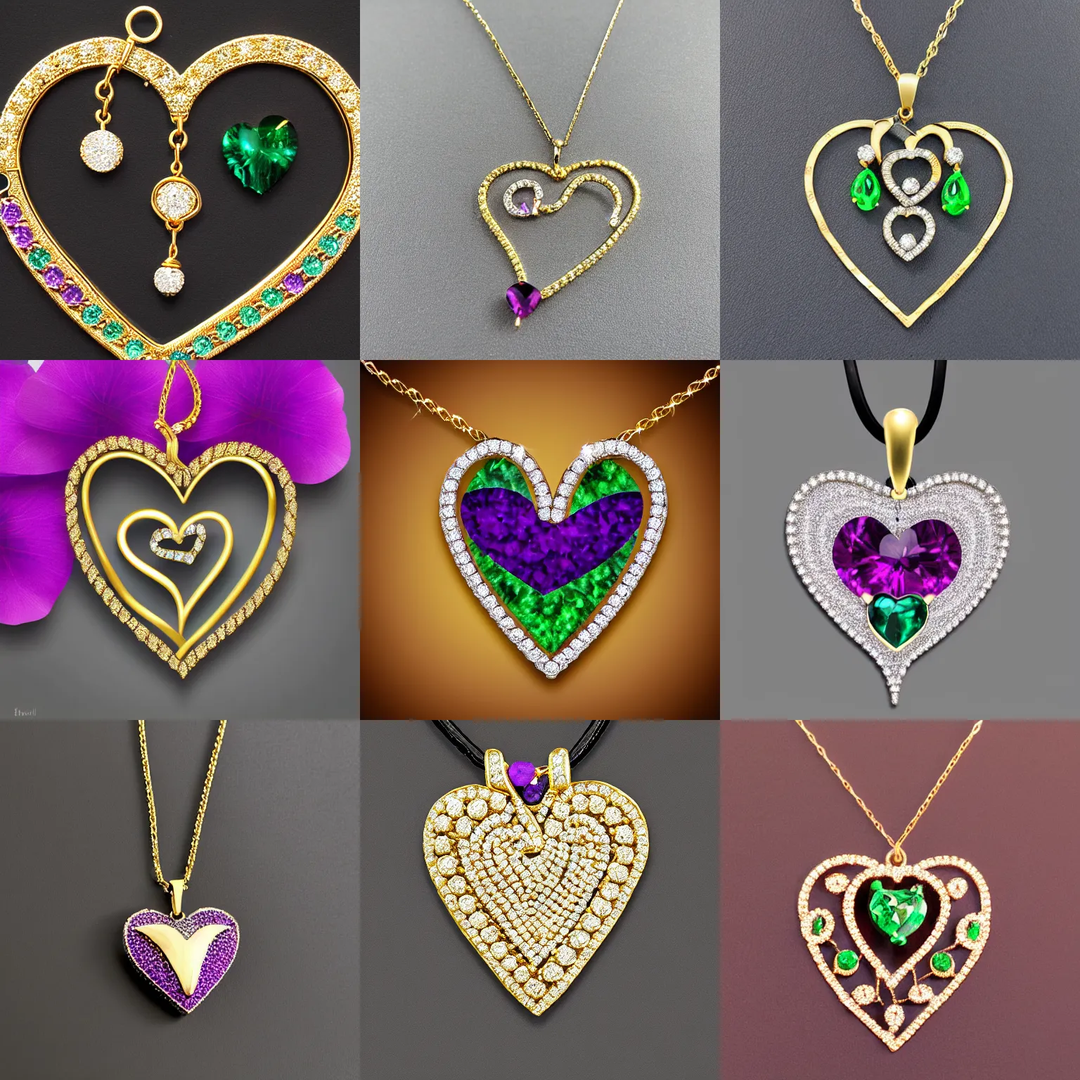 Prompt: mystical gold and diamond thin curly heart shaped necklace hanger with fine purple and green stones, very realistic, ultra detailed, centered, photograph, elegant, on black background