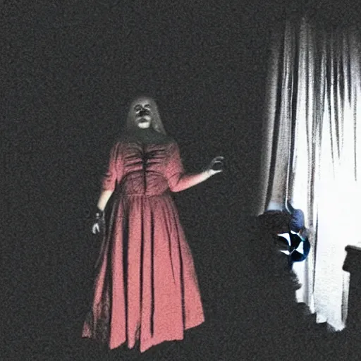 Image similar to A selfie of a woman in a dark room, with a spooky filter applied, with a figure in the background, in a Halloween style.