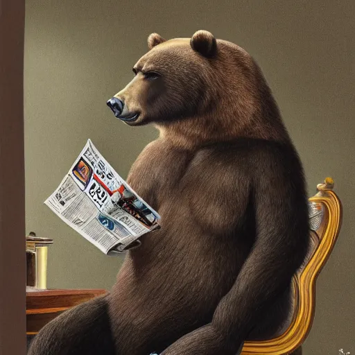 Prompt: a bear wearing a paisley shirt reading newspapers, highly detailed, portrait painting, illustration by scott gustafson and art station