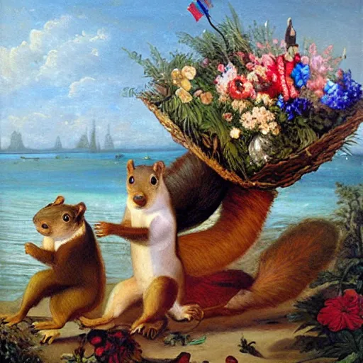 Image similar to a giant squirrel carrying napoleon!!! on its back, beach scene with flowers and foliage, detailed oil painting