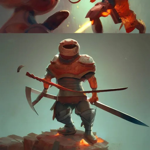 Image similar to battle toast, a slice of toasted bread with a face, arms and legs, holding a sword and shield, volumetric lighting, dynamic composition, fantasy, hyper detailed, ultra realistic, sharp focus, octane render, concept art by sachin teng and sergey kolesov and ruan jia and heng z