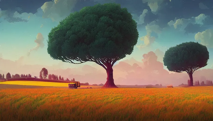 Prompt: colourful sky, wheat field, combine, big trees, matte painting, art station, digital art, simon stalenhag