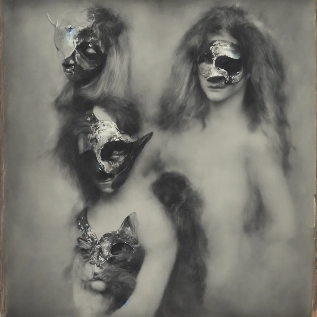 Prompt: tintype of an iridescent girl with black goat mask, hyperrealistic, detailed