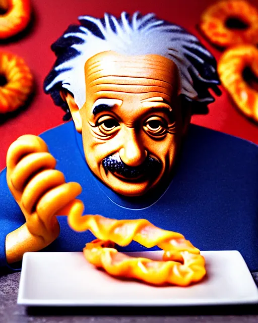 Image similar to A photo of Albert Einstein eating jalebi, highly detailed, trending on artstation, bokeh, 90mm, f/1.4