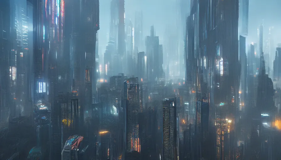 Prompt: giant cyberpunk megacity, very long shot, enviroment, extremely detailed, jama jurabaev, greig fraser, roger deakins, shaddy safadi, feng shu, neil blevins, trending on artstation, high quality, brush stroke