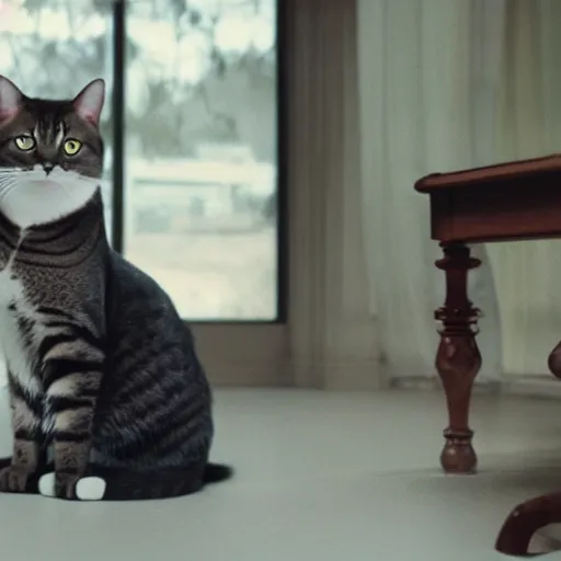 Image similar to a cat is wearing a suit, cinematic film still
