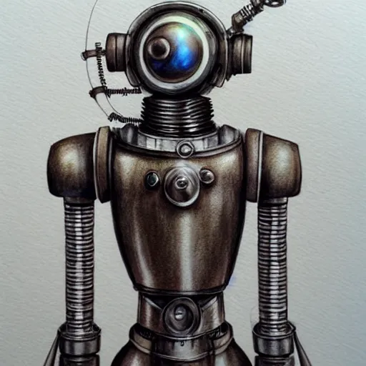 Image similar to hyper realistic pencil drawing of a steampunk robot waving, water color, full portrait, detailed, rim light, diffused, intricate, by anna dittmann,