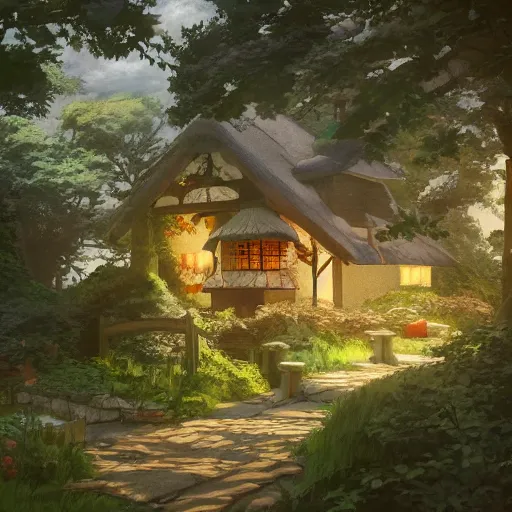 Prompt: concept art painting of an english cottage with japanese influence, in the woods, cozy, realistic, detailed, cel shaded, in the style of makoto shinkai and greg rutkowski and james gurney