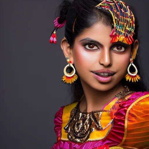 Prompt: Studio Photo of a beautiful female Indian model in a Mariachi costume, 4k resolution, 88mm lens, 8k