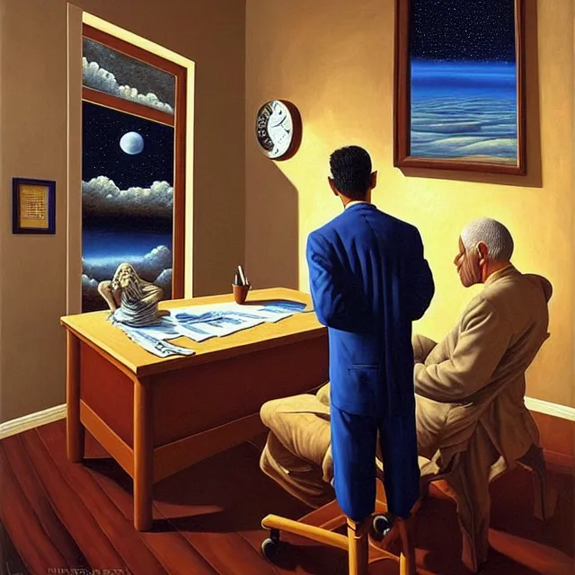 Prompt: an oil on canvas portrait of a man at an office making a deal with an angel, surrealism, surrealist, lovecraftian, cosmic horror, rob gonsalves, high detail