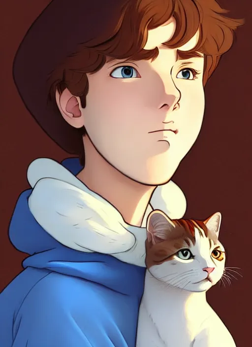 Image similar to teen boy with brown hair and big blue eyes, wearing a hoodie, fluffy white cat, natural lighting, path traced, highly detailed, high quality, cartoon, digital painting, by don bluth and ross tran and studio ghibli and alphonse mucha