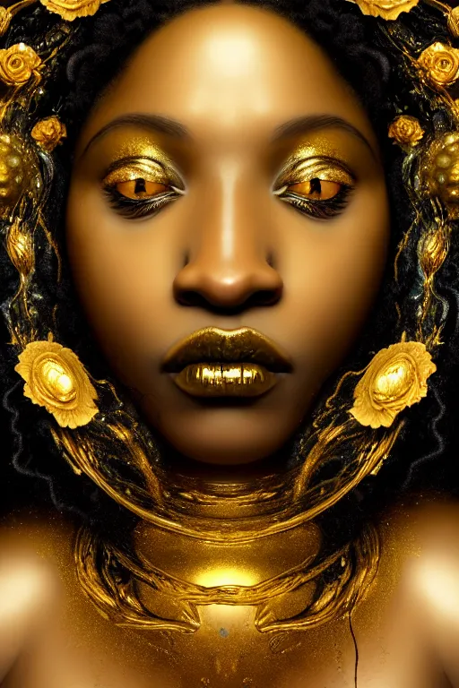 Image similar to hyper realistic neo - rococo cinematic very expressive! black oshun goddess, open eyes, body in water, mirror dripping droplet!, gold flowers, highly detailed face, digital art masterpiece, smooth eric zener cam de leon dramatic pearlescent teal light, ground angle uhd 8 k, sharp focus