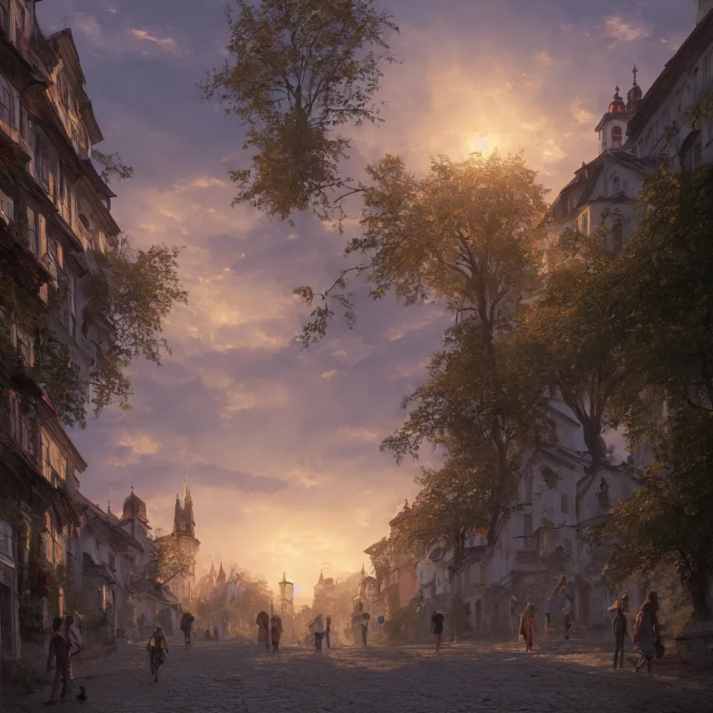 Prompt: a beautiful photo of banska stiavnica in summer with old houses and trees in sunset, sky, people walking on street, unreal engine, by greg rutkowski and james gurney, artstation