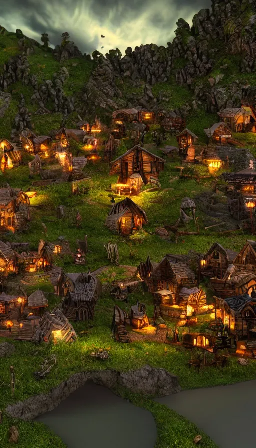 Prompt: a goblin village near a river at night, photorealistic, 8k, high detail, high quality, dramatic lighting, HDR