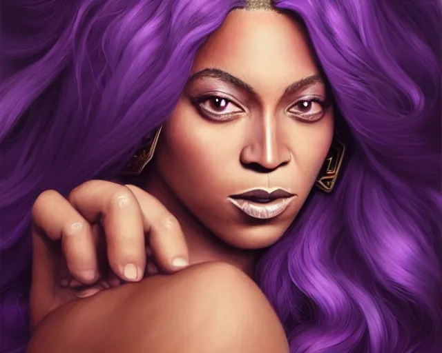 Prompt: a mind - blowing portrait of beyonce as a wizard, purple hair, bat familiar on her sholder, deep focus, d & d, fantasy, intricate, elegant, highly detailed, digital painting, artstation, concept art, matte, sharp, illustration, hearthstone, art by artgerm and greg rutkowski and alphonse mucha