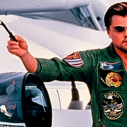 Image similar to Leonardo DiCaprio as maverick in top gun