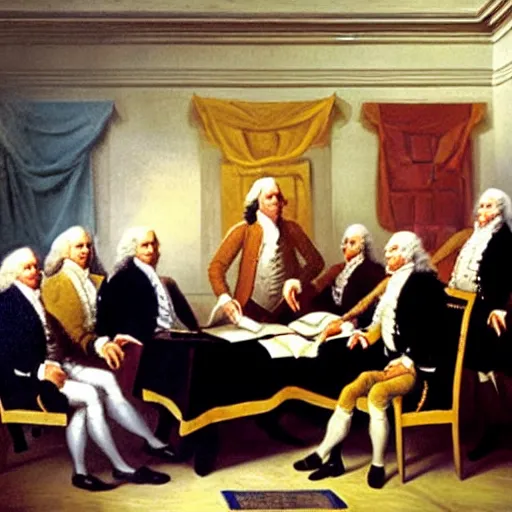 Image similar to high quality realistic oil painting of a the founding fathers of america writing the declaration of independence but they are hamsters