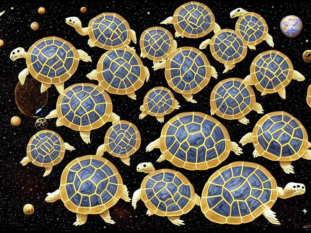 Image similar to portrait of a stack of celestial turtles with the flat earth on the back of the top one, white and gold scales, fantasy, intricate, highly detailed, digital painting, artstation, concept art, smooth and sharp focus