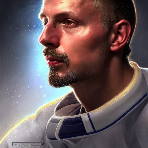 Image similar to Portrait of hockey player Igor The Professor Larionov, fantasy, intricate, elegant, highly detailed, digital painting, artstation, concept art, smooth, sharp focus, luxury fashion illustration, art by artgerm and greg rutkowski and alphonse mucha, brightly lit cinematic soft lighting, photorealistic