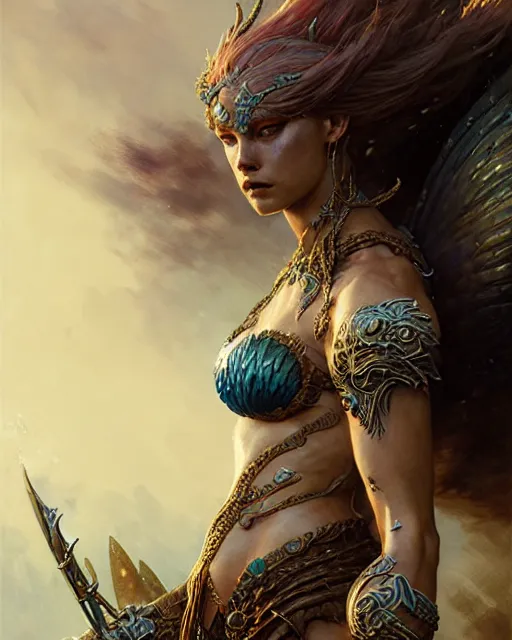 Image similar to a fierce mermaid warrior, fantasy character portrait, ultra realistic, concept art, intricate details, highly detailed by greg rutkowski, gaston bussiere, craig mullins, simon bisley