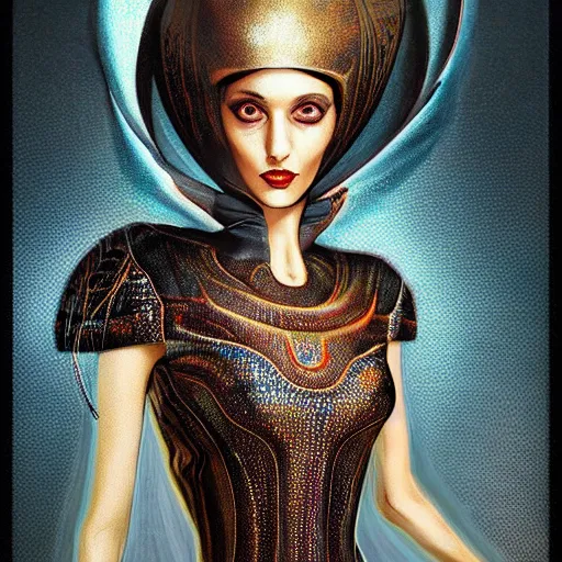Prompt: a beautiful arabian woman wearing a futuristic dress by alexander mcqueen, artgerm, alex gray, android jones, fashion show, futuristic, organic dress, seamless pattern, concept art, fantasy