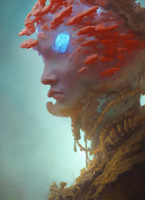 Image similar to Helmet of a forgotten Deity, translucent corals, extremly detailed digital painting, in the style of Fenghua Zhong and Ruan Jia and jeremy lipking and Peter Mohrbacher, mystical colors, rim light, beautiful lighting, 8k, stunning scene, raytracing, octane, trending on artstation