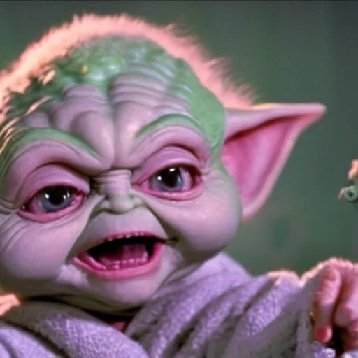 Prompt: Betty White played by baby yoda, trying to eat a cute alien grasshopper, happy, happy, very cute, promotional image, imax 70 mm footage