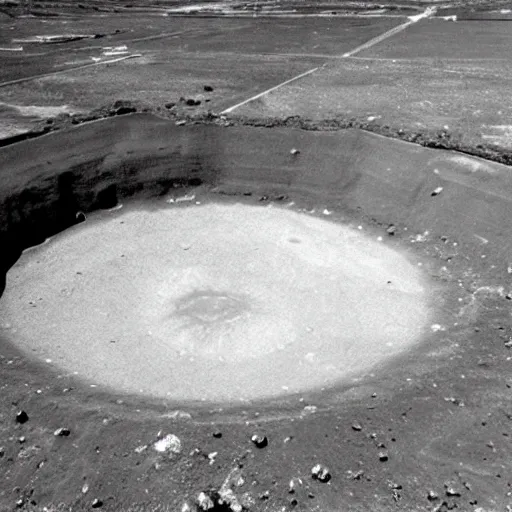 Prompt: a large nuclear crater in the dirt, taken from a plane, realistic, taken on a ww 2 camera.
