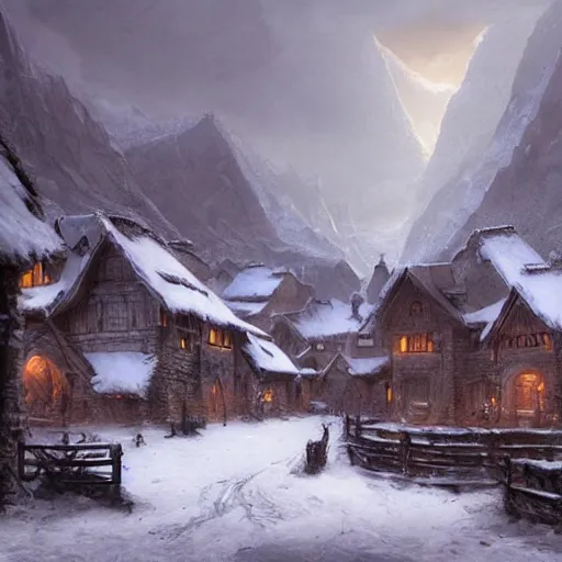 Prompt: an village in blizzardy mountains, Matte painting , detailed painting, greg rutkowski