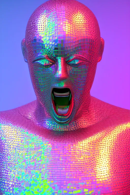 Image similar to 3d render of holographic angry human robotic screaming angry bust made of glossy iridescent, screaming, bust, surrealistic 3d illustration of a human non-binary, non binary model, 3d model human, cryengine, made of holographic texture, holographic material, holographic rainbow, concept of cyborg and artificial intelligence