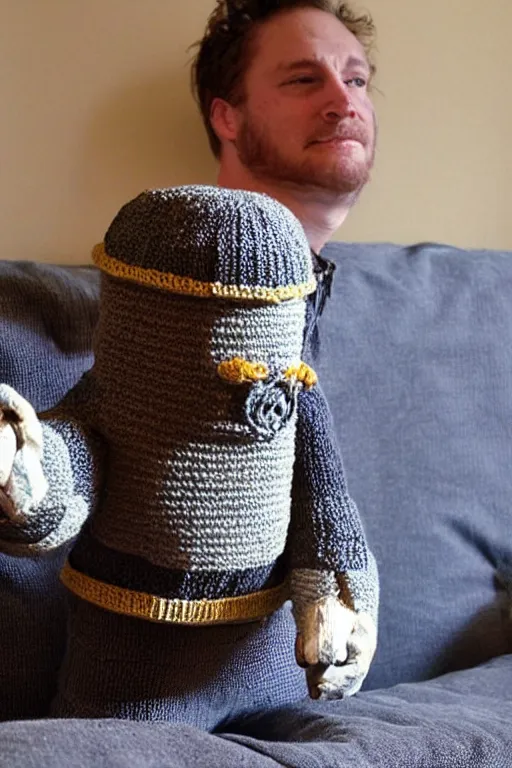 Prompt: knitted power armor from fallout lies on the couch