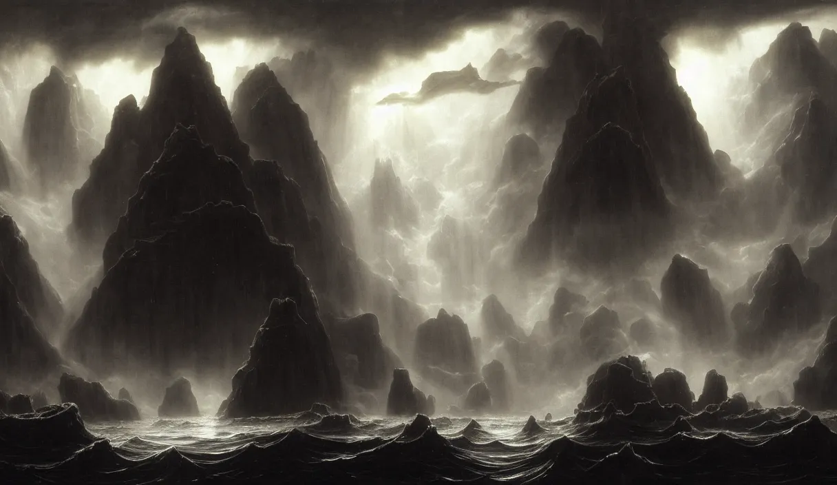 Image similar to low ultrawide shot, dark, underwater statues, submerged pre - incan temple with carvings, abyss, stylized, anime style mixed with fujifilm, detailed gouache paintings, crepuscular rays, dark, murky, foggy, atmospheric, nicola samori, albert bierstadt, frederic edwin church, beksinski, wayne barlowe's inferno