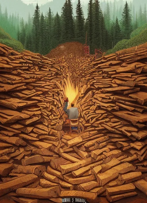 Prompt: Twin Peaks poster artwork by Michael Whelan and Tomer Hanuka, Rendering of log pile factory, man crushed by it, hidden under the logs, hand sticking out of log pile, full of details, by Makoto Shinkai and thomas kinkade, Matte painting, trending on artstation and unreal engine