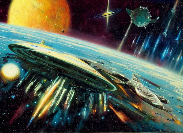 Prompt: spaceship in front of a star system by John Berkey