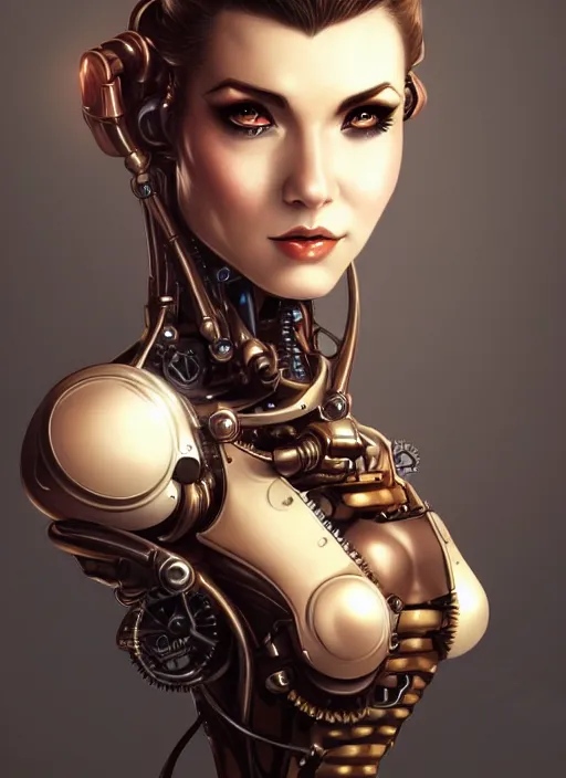 Image similar to portrait of a steampunk robot woman in 1800 by Artgerm, biomechanical, hyper detailled, trending on artstation